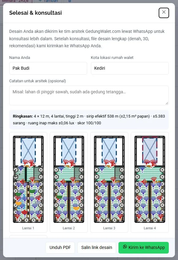 Jendela Selesai & konsultasi: nama, kota, catatan, ringkasan, dan tombol kirim.