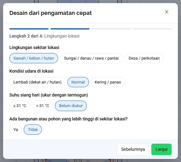 Langkah 2: lingkungan, kondisi udara, suhu siang, bangunan lebih tinggi.