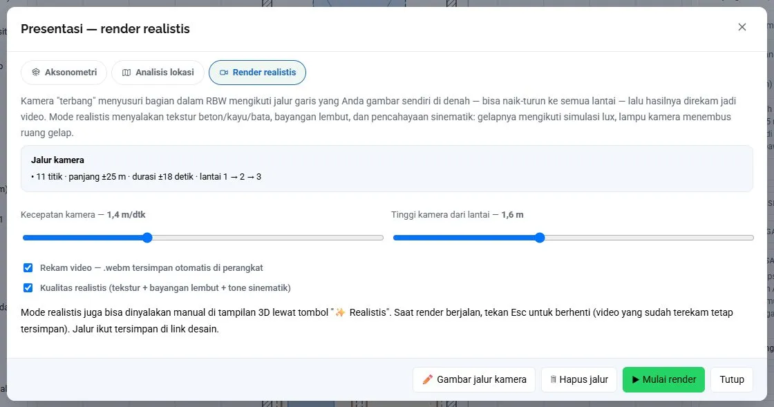 Tab Render realistis: jalur kamera, kecepatan, tinggi kamera, dan opsi rekam.