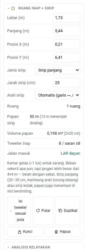 Panel ruang inap: jenis & jarak sirip, arah sirip, papan (m), volume kayu, tweeter, dan jalan masuk.